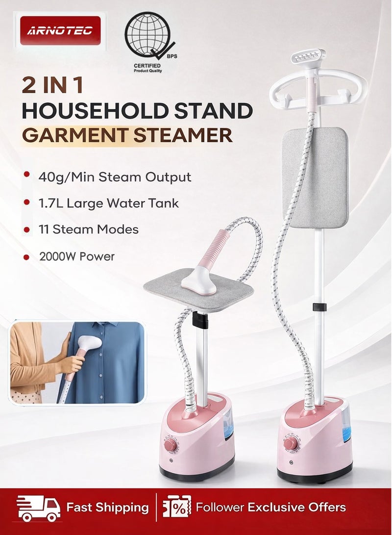 ARNOTEC جهاز بخار الملابس 2000 واط، 11 وضعية للكي، خزان ماء كبير سعة 1.7 لتر، جهاز بخار متعدد الوظائف محمول وقائم للاستخدام المنزلي، إزالة التجاعيد بسرعة، تحكم ذكي في درجة الحرارة، قابل للتعديل على 3 مستويات، كي مسطح بزاوية 180° - Image 1